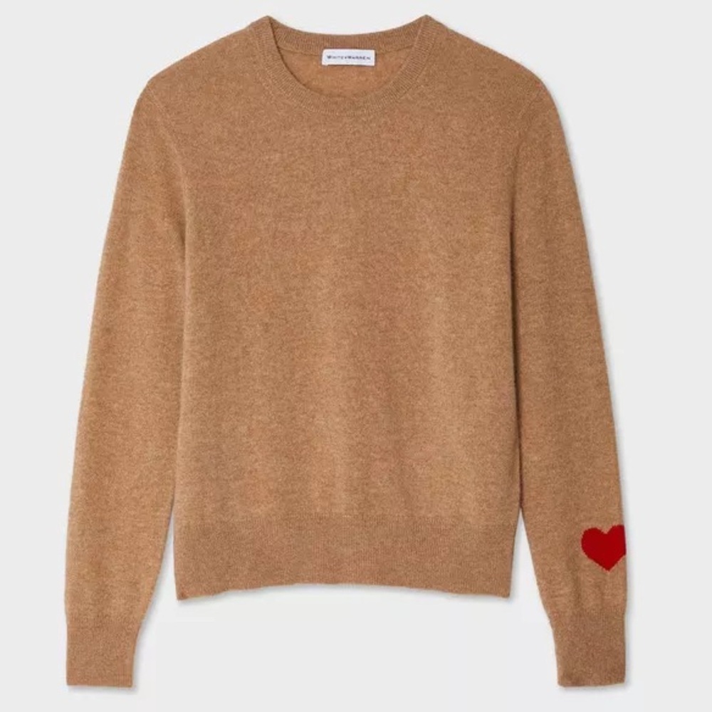 White + Warren Cashmere Heart Sleeve Crewneck in Camel - Picture 4 of 11